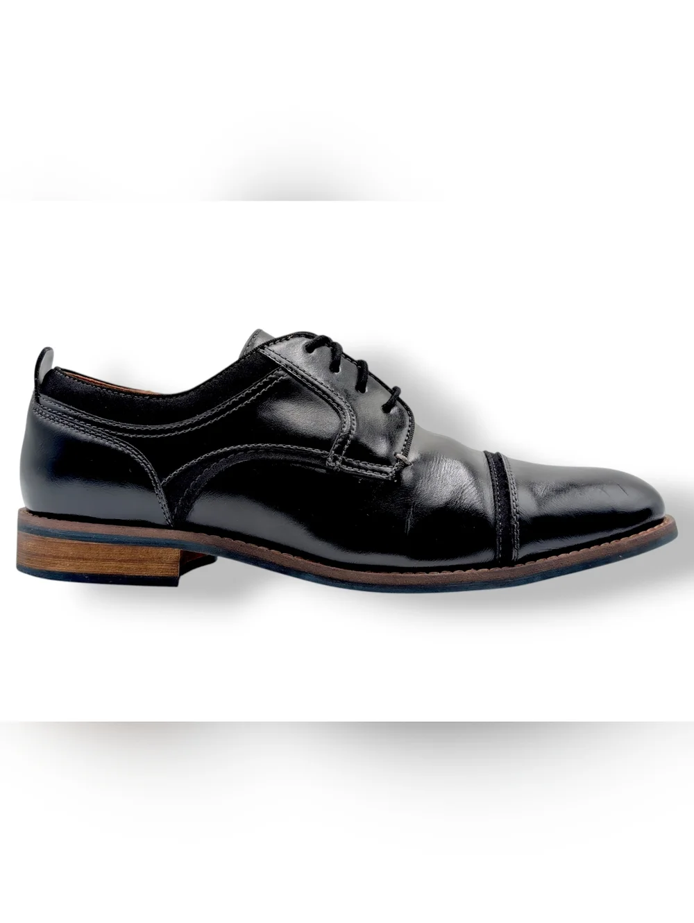 Dockers Men Sz 9.5 Black High-Quality Cap-Toe Oxfords Brown Trim Cushion Footbed